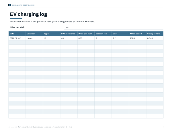 Preview of Printable EV Charging Cost Log